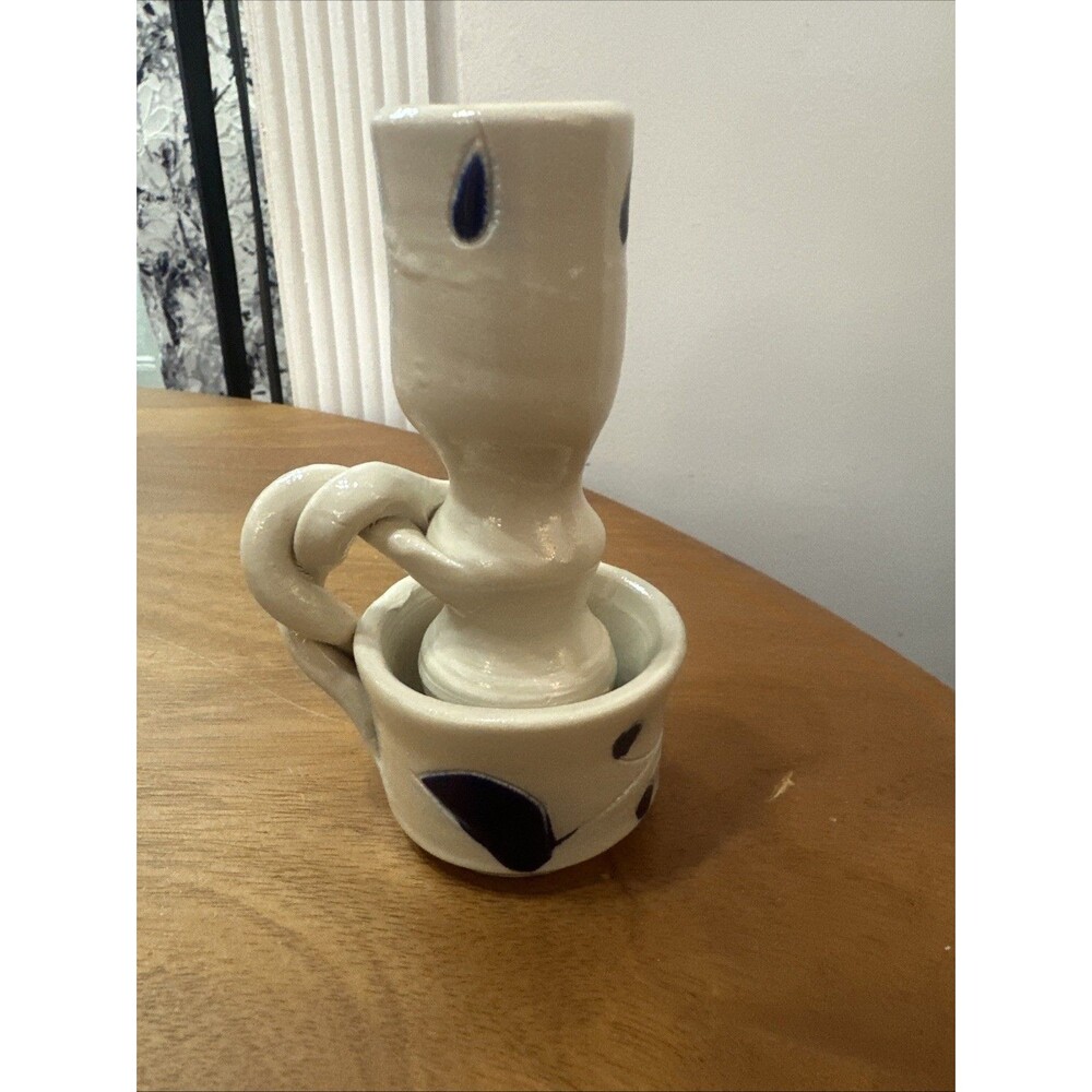 Williamsburg Pottery CHAMBERSTICK Gray w/COBALT Blue Accents & TWISTED Handle